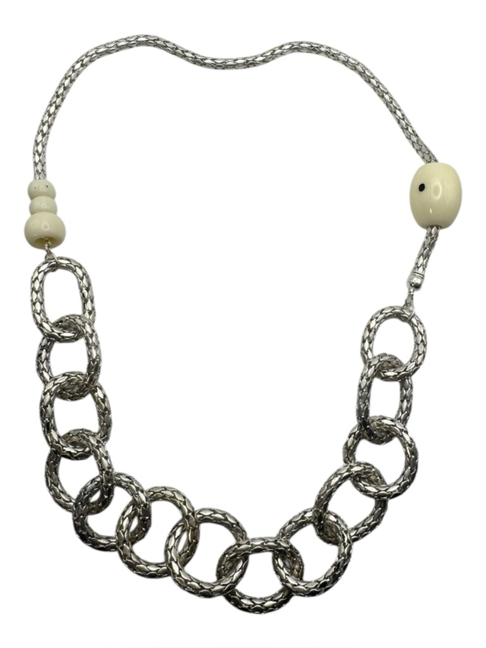 Vintage Silver Tone Chunky Textured Round Link Chain Necklace Ivory Toned‎ Beads